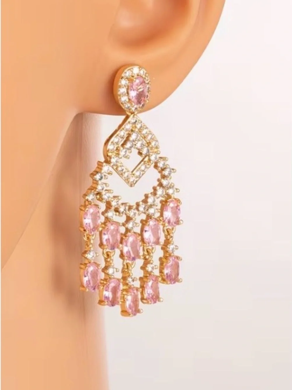 Gold-Tone Pink Crystal Chandelier Earrings